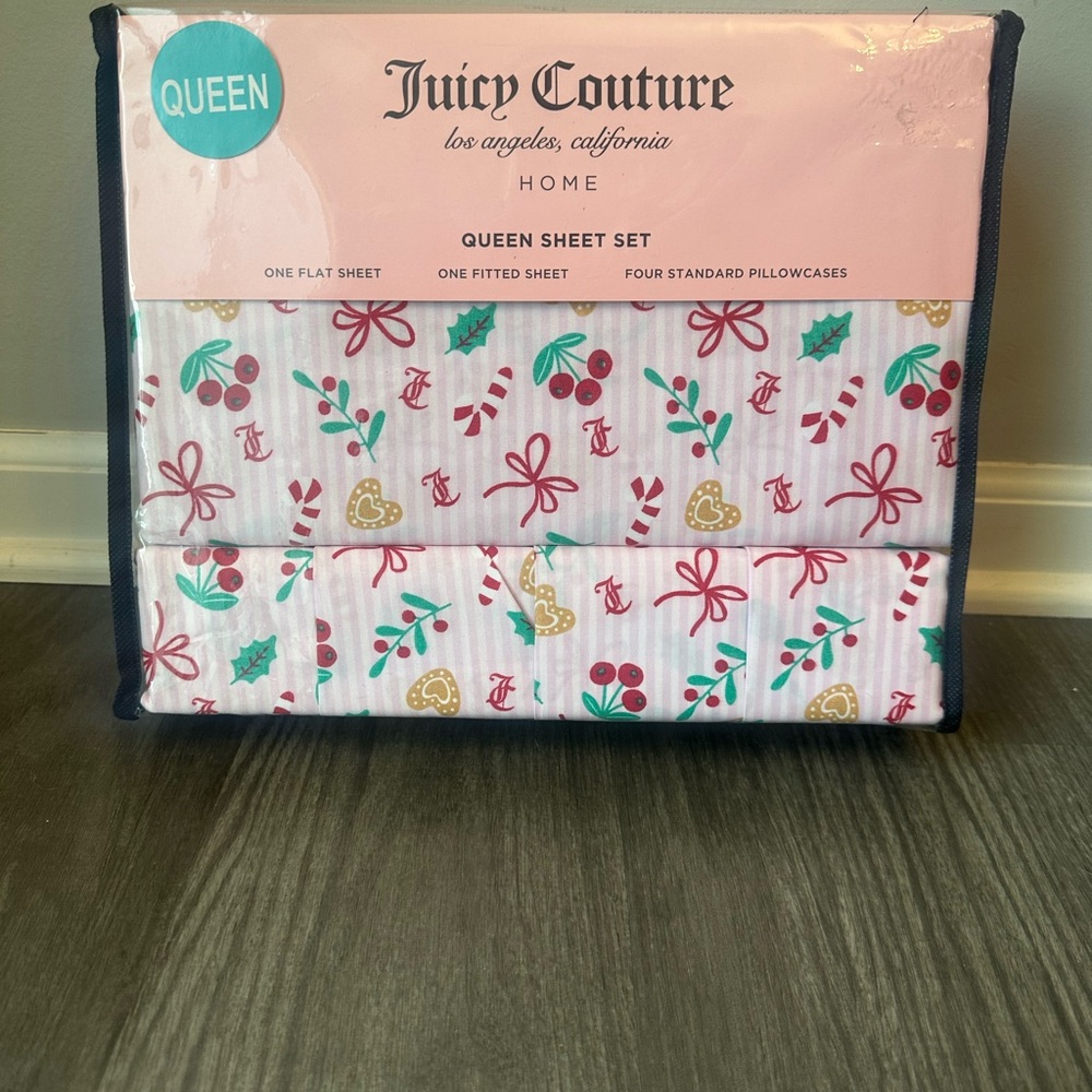 Juicy Couture Pink and Red Holiday Queen Sheet Set